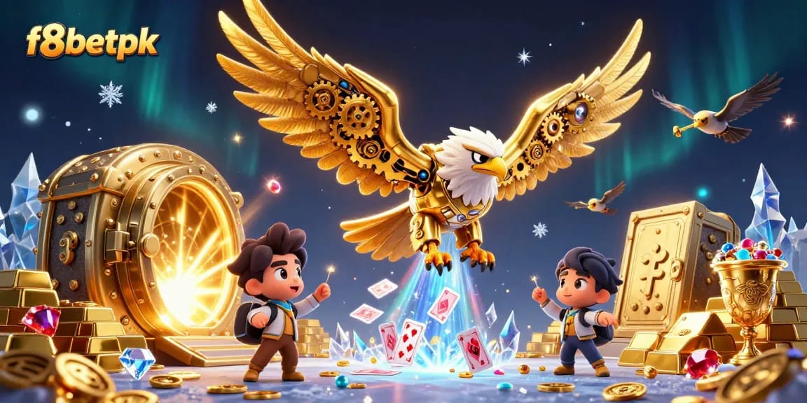 Experience thrilling gameplay with f8betpk, featuring a dynamic golden eagle amidst casino treasures.