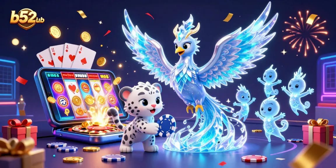 Play thrilling games at b52club featuring an ice phoenix and snow leopard cub with casino elements.