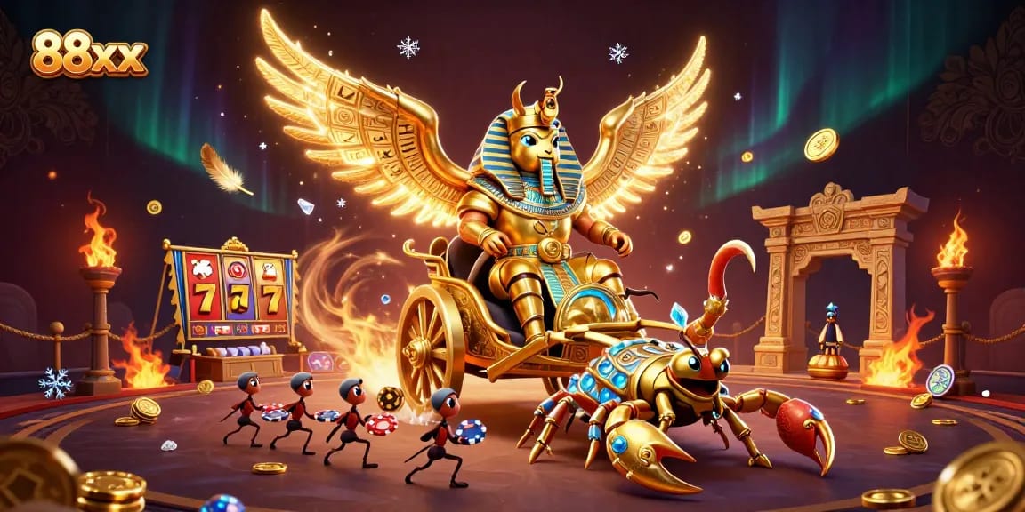 Engage with the thrilling 88xx casino scene featuring a golden scarab beetle in a dynamic slot game.