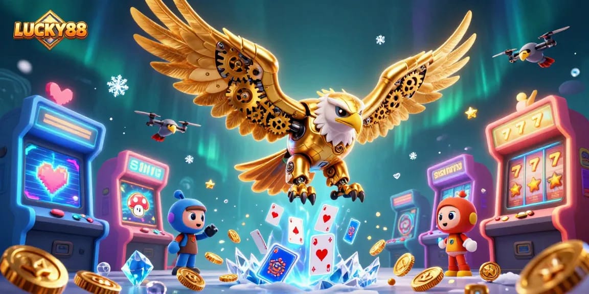 Experience LUCKY88's vibrant slots gameplay with a cybernetic eagle and colorful arcade elements.