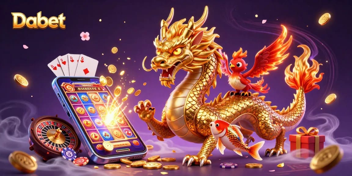 Dabet presents a captivating casino scene with a powerful dragon and phoenix amidst vibrant slot and gambling elements.