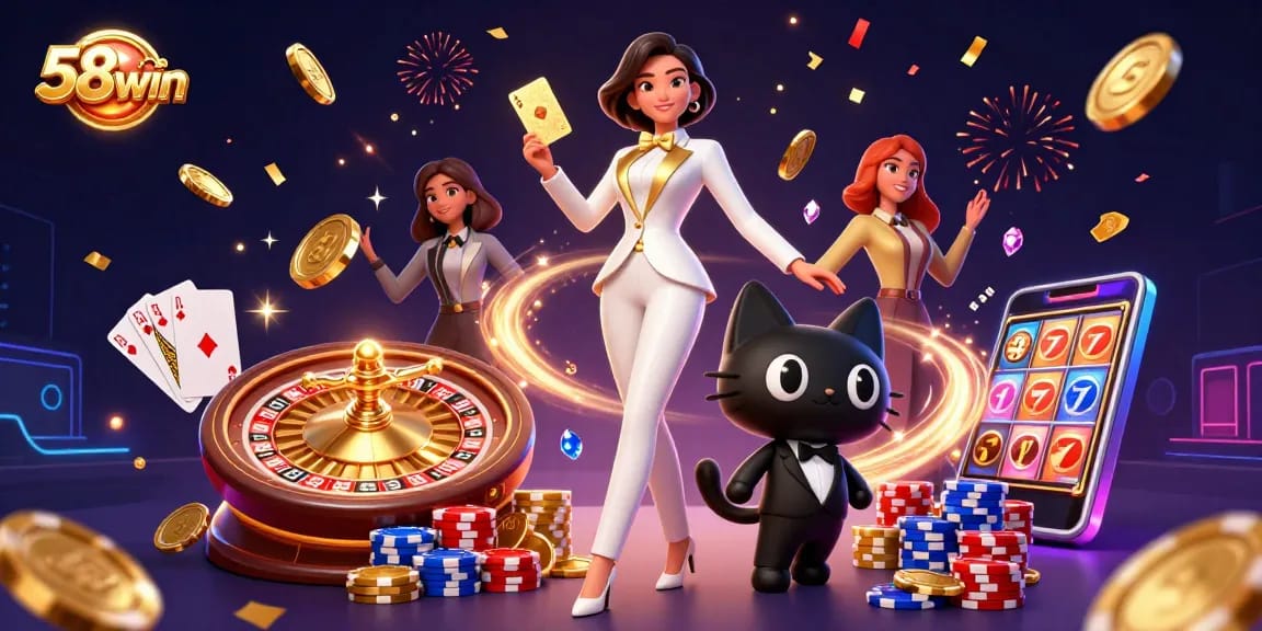 Experience thrilling games at 58win, featuring a glamorous lady and a playful cat amidst a vibrant casino scene.