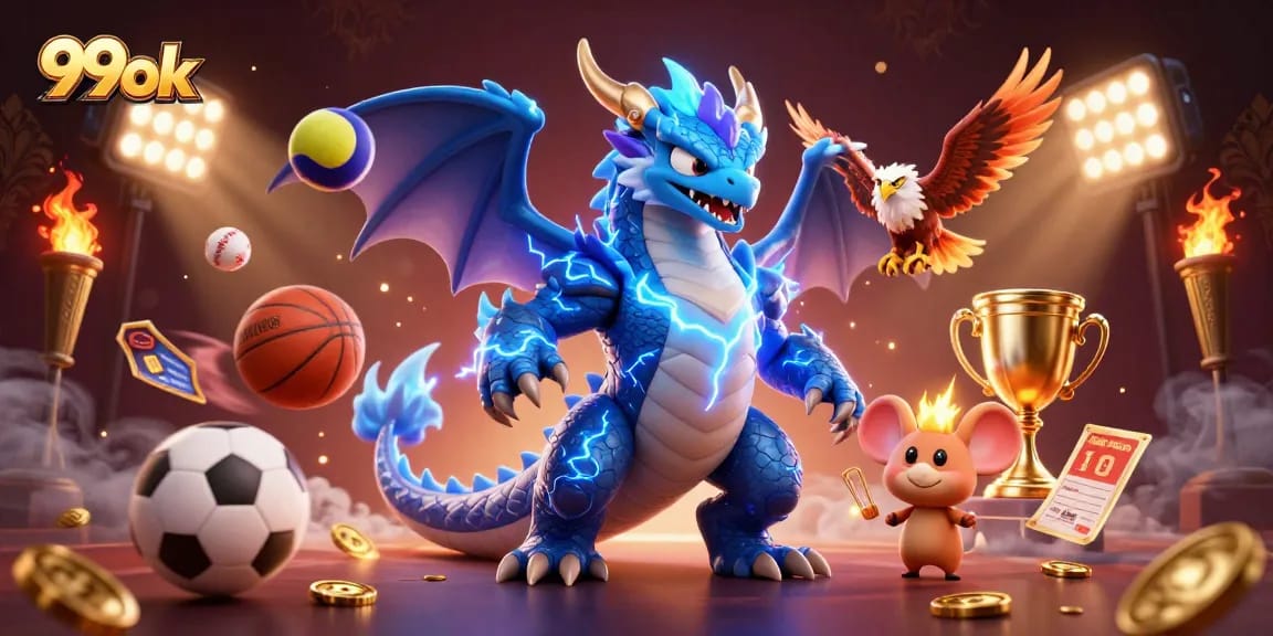Win big with 99ok: dynamic 3D illustration featuring a thunder dragon, sports elements and trophies in action.