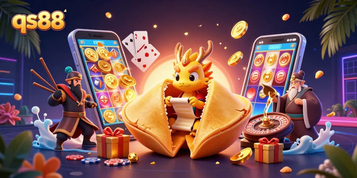 Spin, win, and explore qs88 with a 3D fortune cookie and gold-themed digital gaming scene.