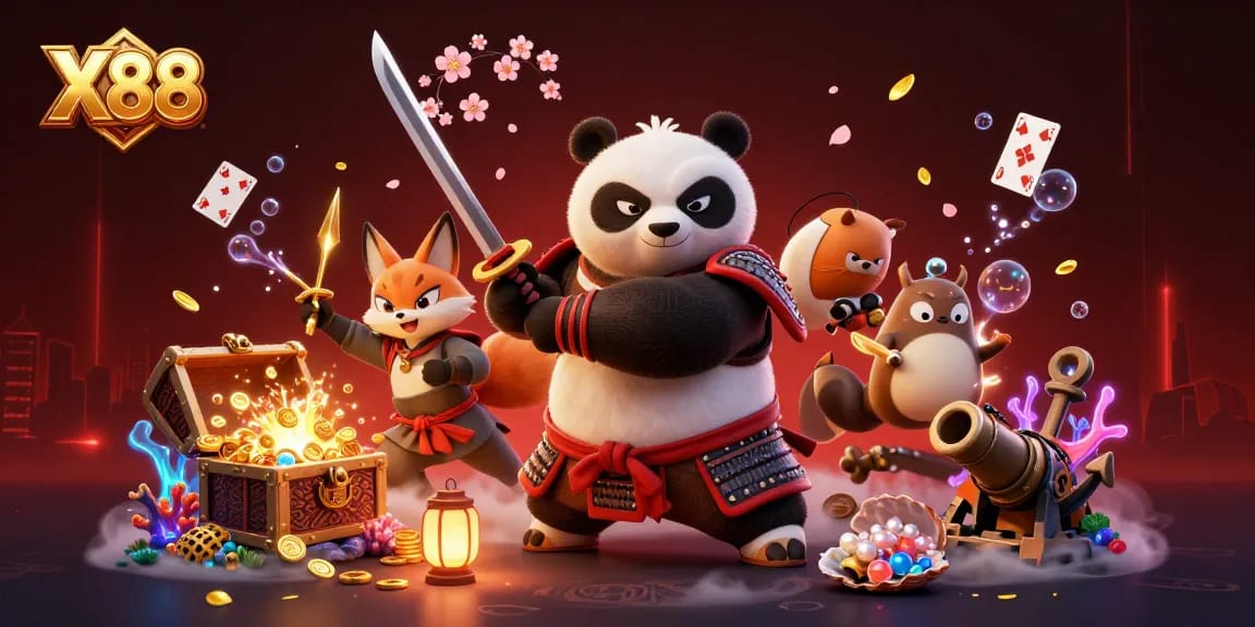 X88 brings together a fierce samurai panda and a ninja fox throwing shuriken amidst dazzling casino treasures.