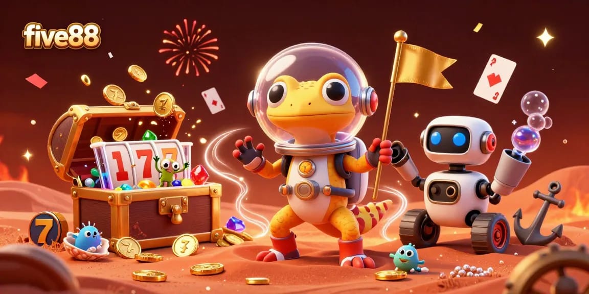 Experience the excitement of five88 with a vibrant casino scene featuring space-themed characters amidst dynamic gambling elements.