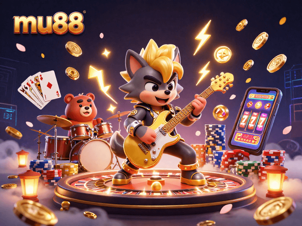 mu88 interactive casino scene with a rock star wolf and drummer bear, bursting with dynamic elements