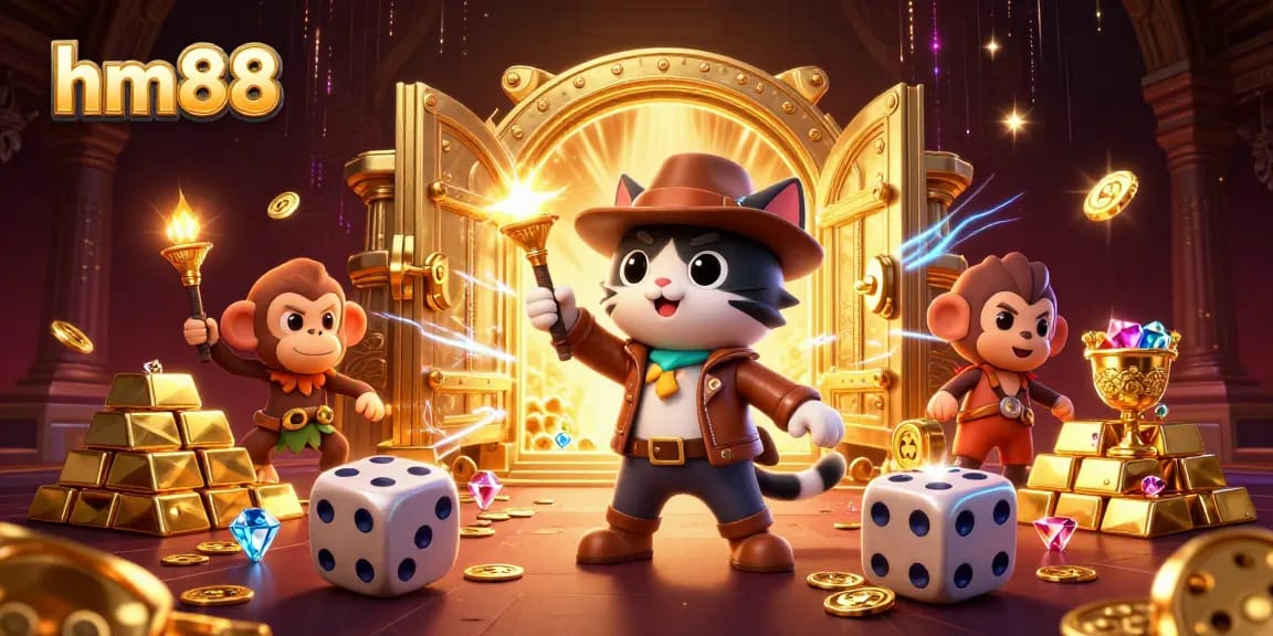 Engage with the thrilling casino world of hm88 through a vibrant 3D illustration showcasing adventure and discovery.