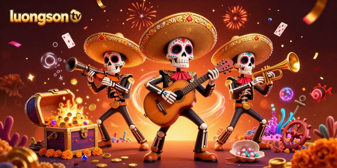 Experience exciting slot games with luongson tv's vibrant illustrated scene of skeleton mariachi musicians.