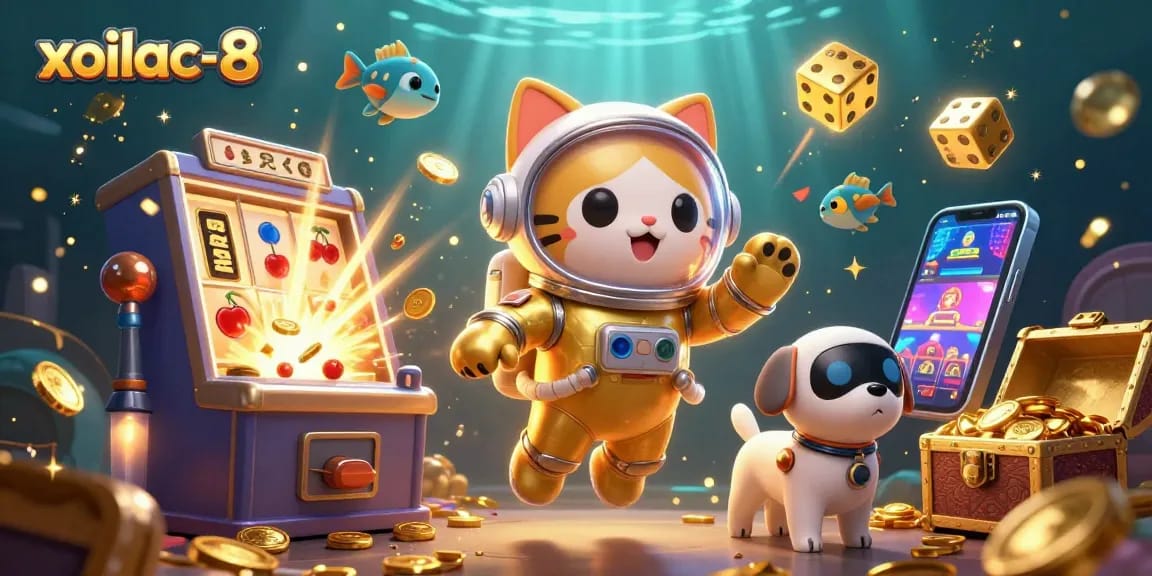 Spin the reels with xoilac-8 in this vibrant casino-themed cosmic adventure illustration.