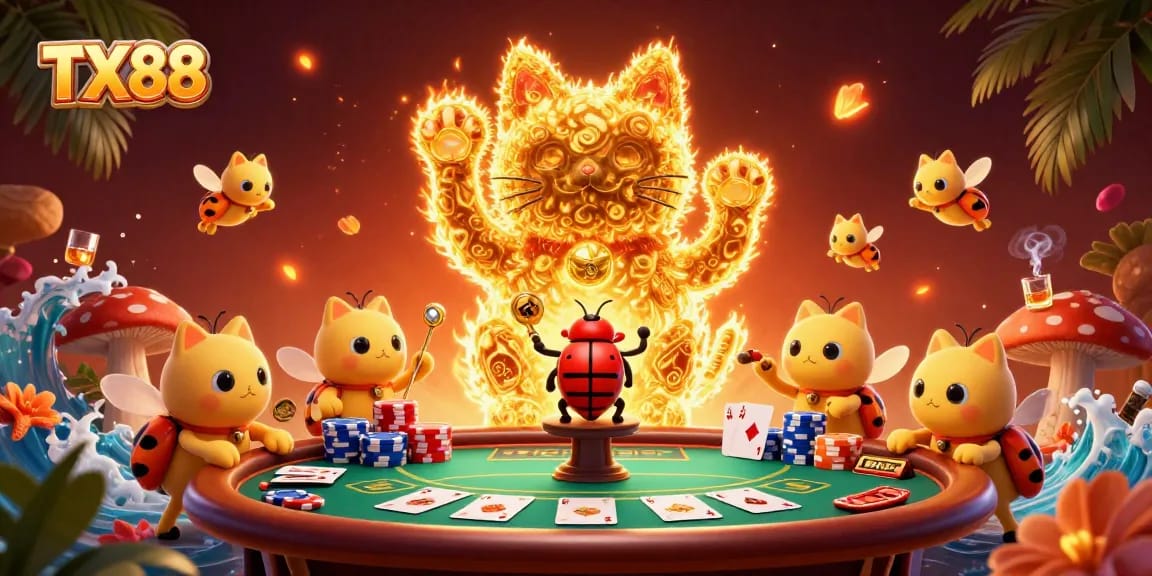 Experience the charm of TX88 with vibrant casino elements and a waving lucky cat!
