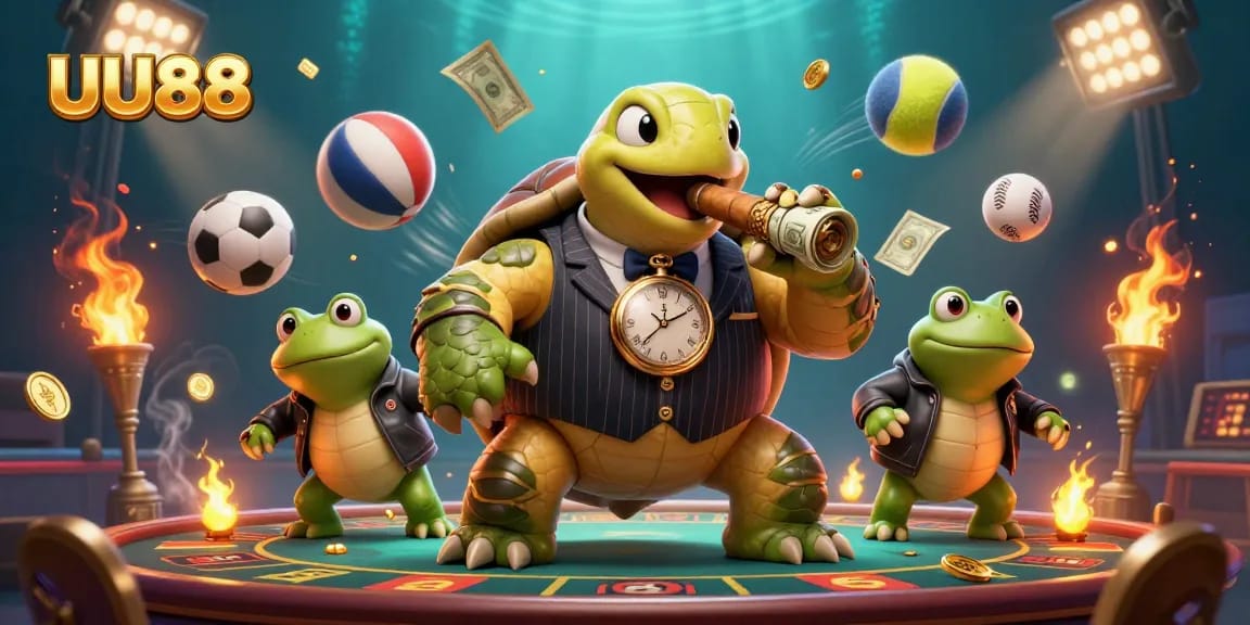 Engage with UU88's thrilling gaming scene featuring a turtle in mobster gear and sports elements.