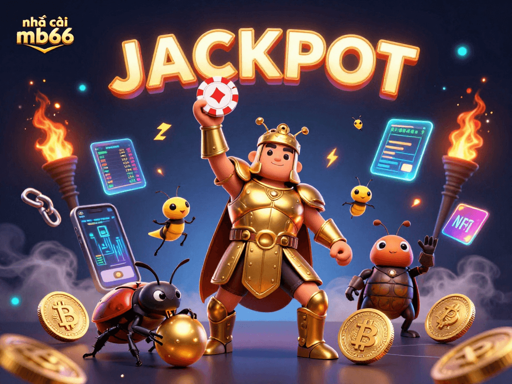 Engage with nhà cái mb66 as a victorious beetle lifts a poker chip amid crypto highlights and fireflies.