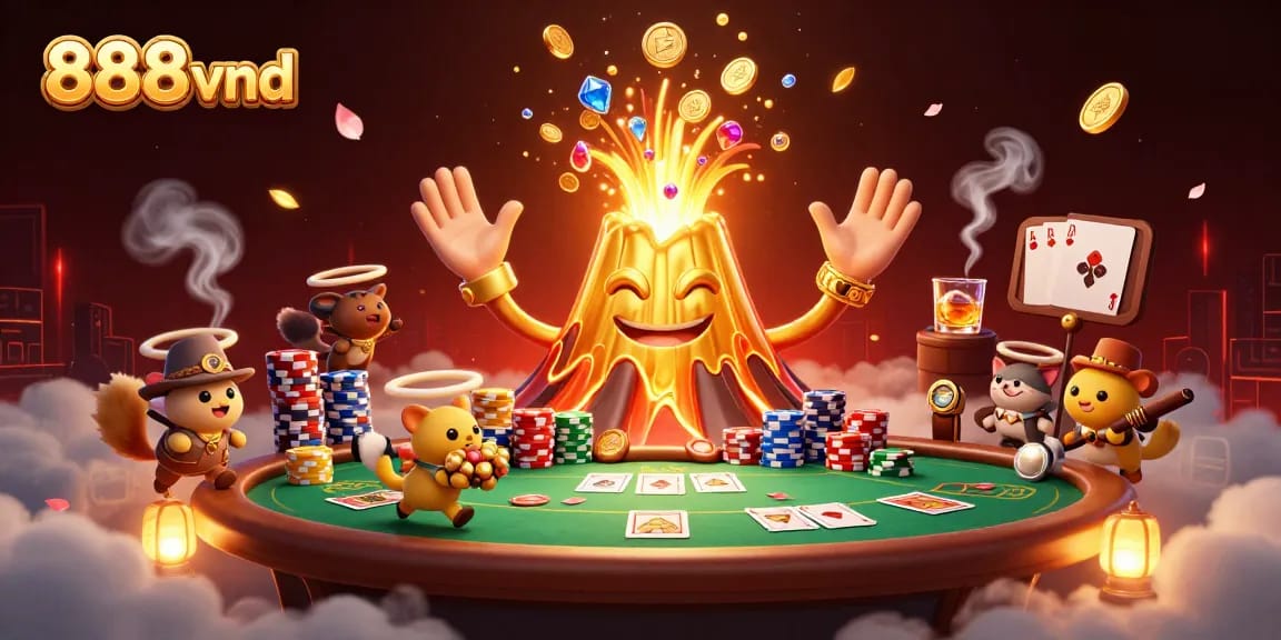 Experience thrilling wins at 888vnd with an energetic casino adventure showcasing golden treasures and poker excitement.