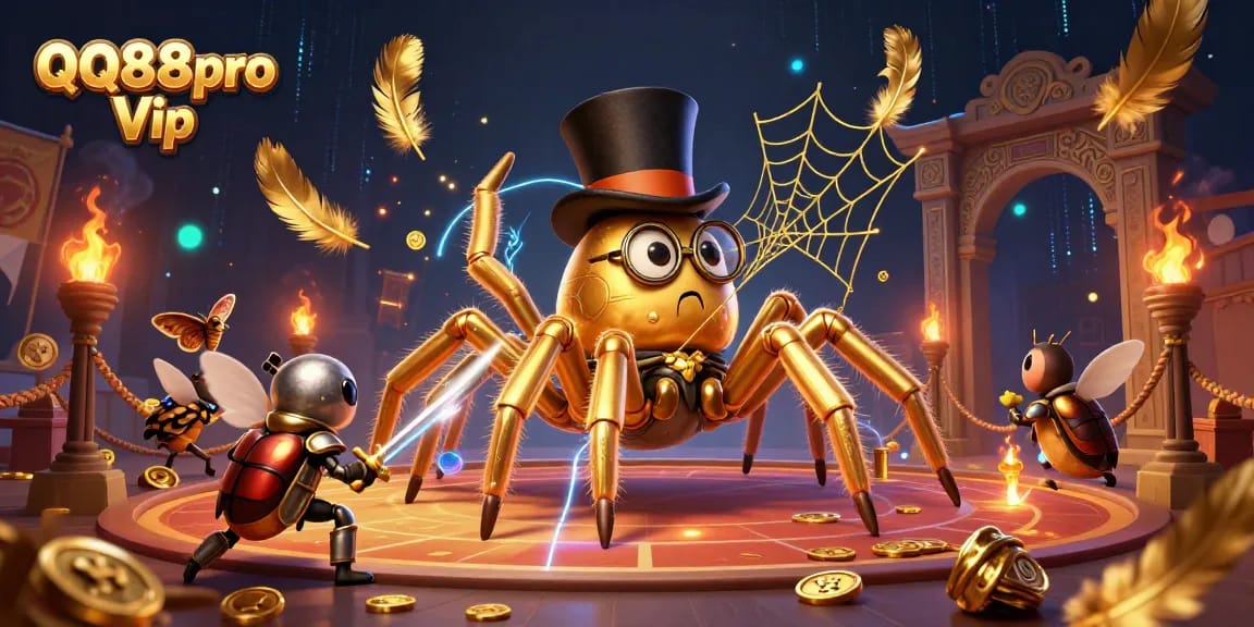 Experience thrilling gameplay with QQ88pro Vip as a brave knight faces a giant tarantula in a dazzling casino scene.