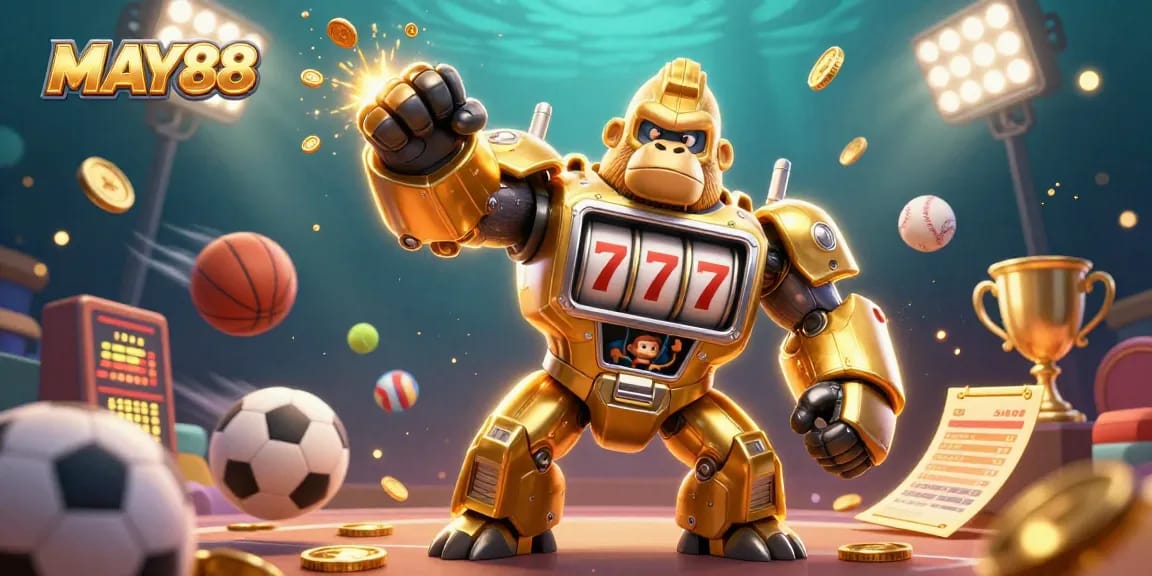 MAY88 harnesses excitement with a golden gorilla mech and dynamic sports elements in a vibrant casino scene.