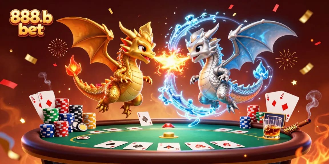Experience the thrill of 888b bet with a vibrant 3D casino scene featuring dynamic dragons and poker elements.