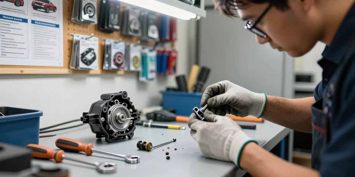 Zündschloss Reparatur durch Fachtechniker in einer professionellen Werkstatt mit hochwertigen Werkzeugen.