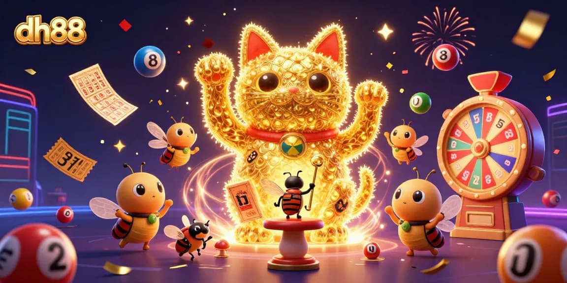 Play exciting games at dh88 with a vibrant lucky cat surrounded by colorful casino elements.