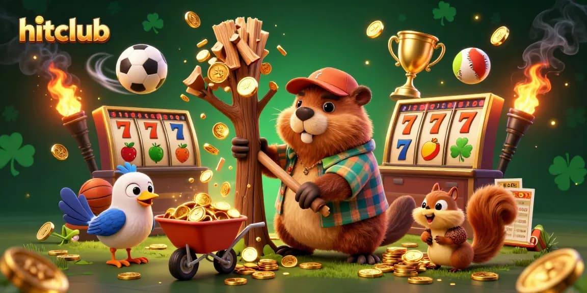 Hitclub offers exciting gameplay with a beaver character gathering gold coins in a dynamic casino scene.