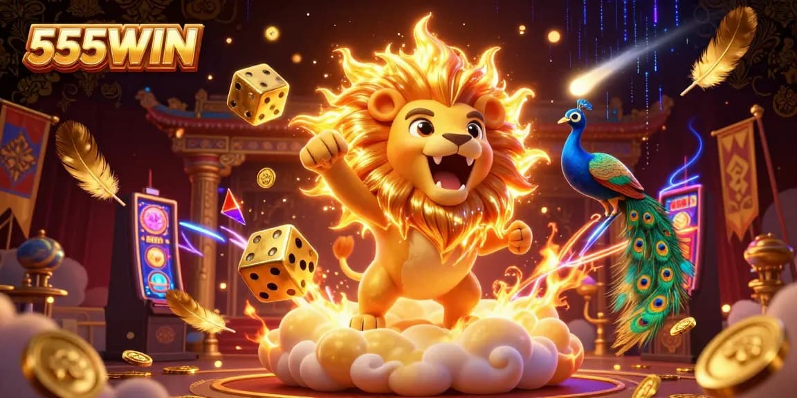 Experience thrilling slots gameplay and golden wins with 555WIN's triumphant sun lion and cosmic elements.