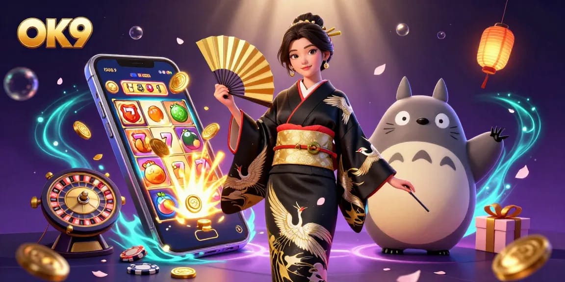 Experience thrilling slots with OK9 at a vibrant casino scene featuring exciting game elements and characters.