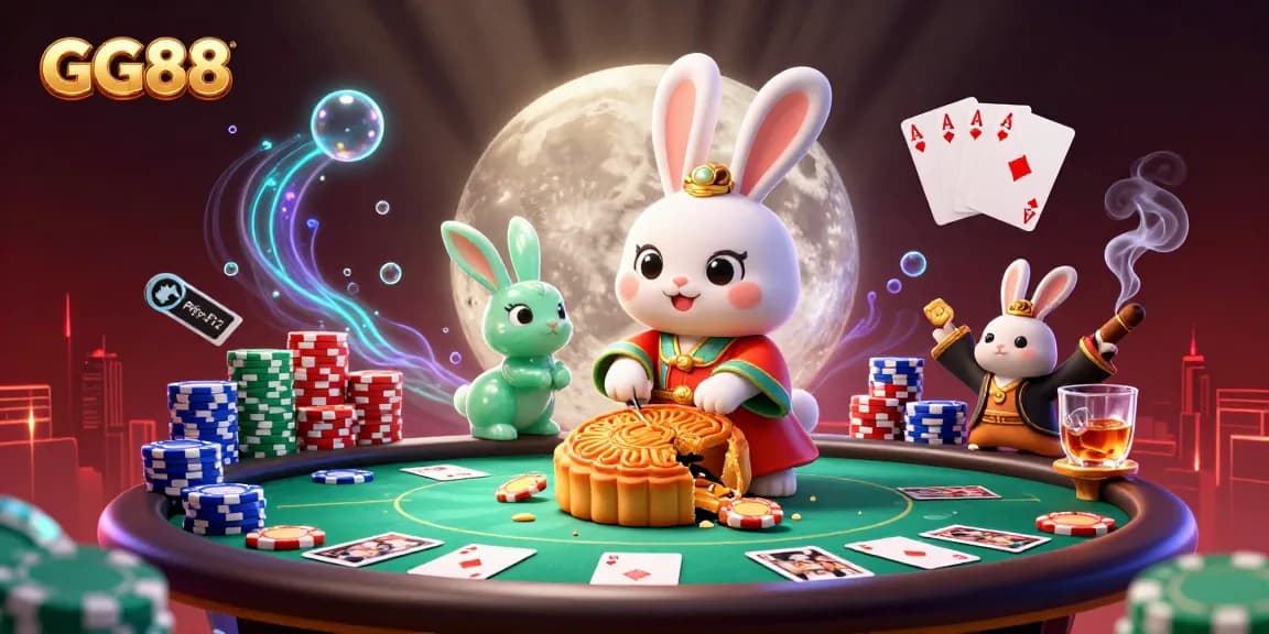 Experience the excitement of GG88 with a vibrant scene featuring moon rabbits, poker chips, and casino elements.