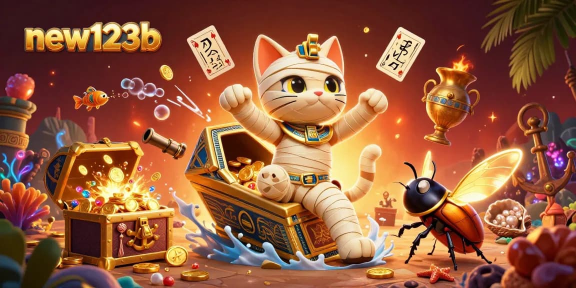 Join the excitement at new123b with a vibrant 3D illustration of a mummy cat and glowing scarab in a lively casino.