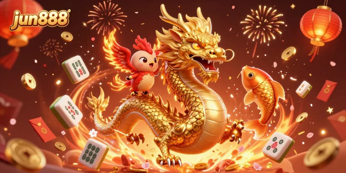 Experience thrilling wins at jun888 with a vibrant 3D casino illustration highlighting exciting games and festive elements.