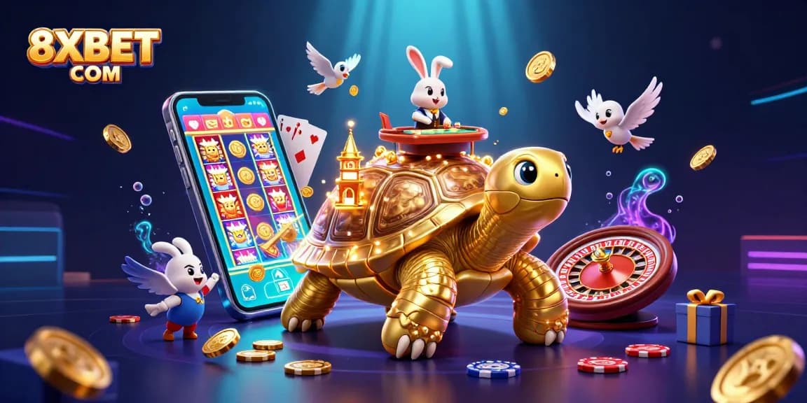 Play exciting games at 8XBET COM with golden tortoises, flying coins, and vibrant casino elements.