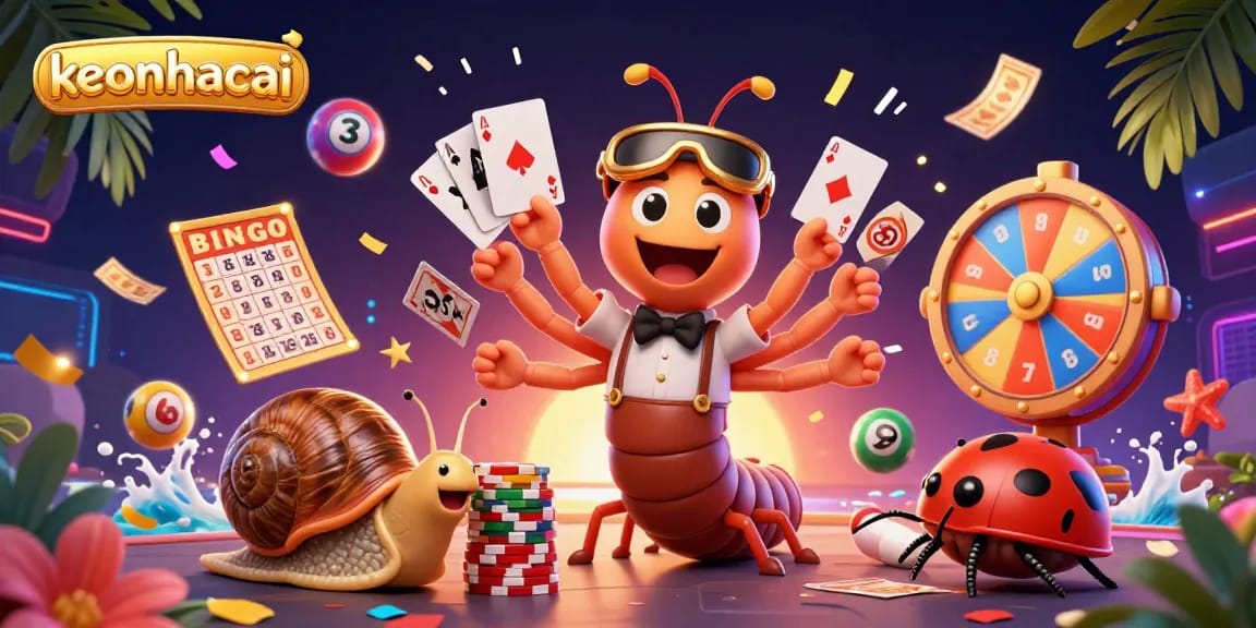 Experience exciting gameplay with keonhacai as the 3D cartoon dealer showcases vibrant cards amidst a colorful casino scene.