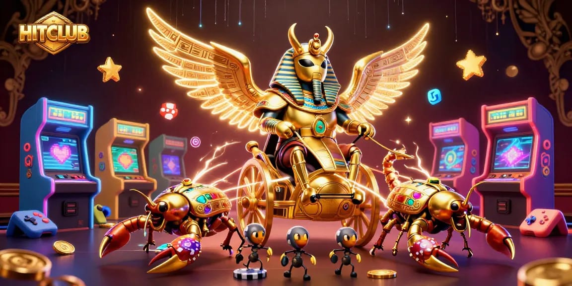 Play exciting games at HITCLUB, featuring vibrant neon elements and engaging gaming characters.