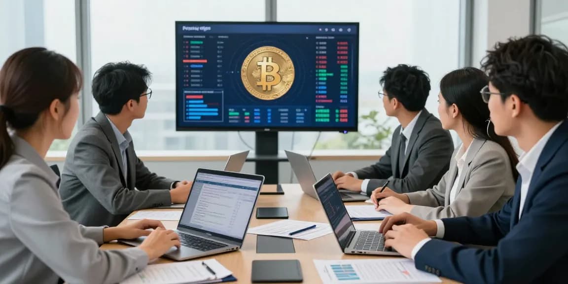 Das Bitcoin-Zahlungsgateway wird in einem modernen Büro bei einer Teambesprechung vorgestellt, mit realen Daten und Analysen.