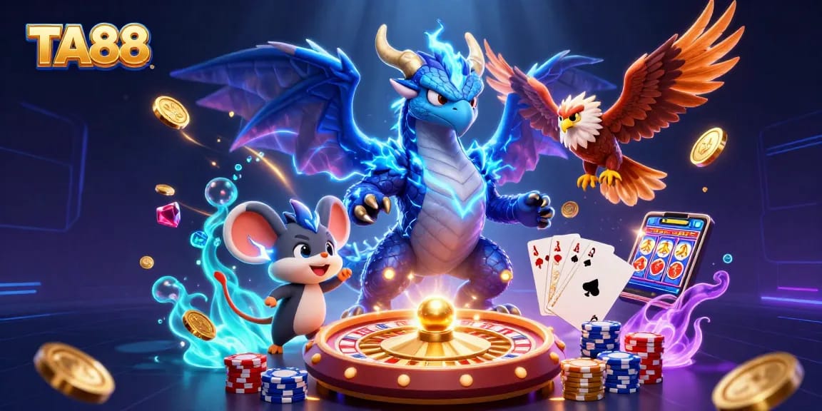 Engage with TA88's electrifying gaming world featuring vibrant characters and dynamic casino elements.