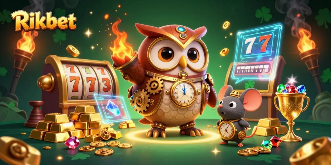 Engage in thrilling slots at Rikbet with a playful time-traveler owl and golden treasure.