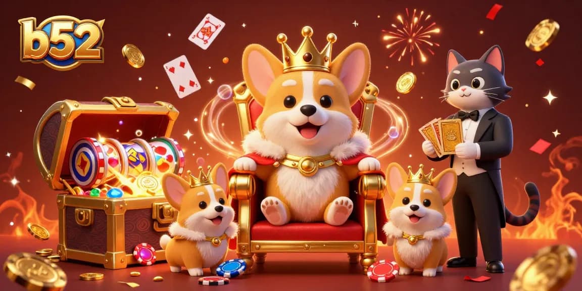Win big at b52 with a colorful 3D casino scene showcasing royal corgi characters, slot reels, and gold coins.