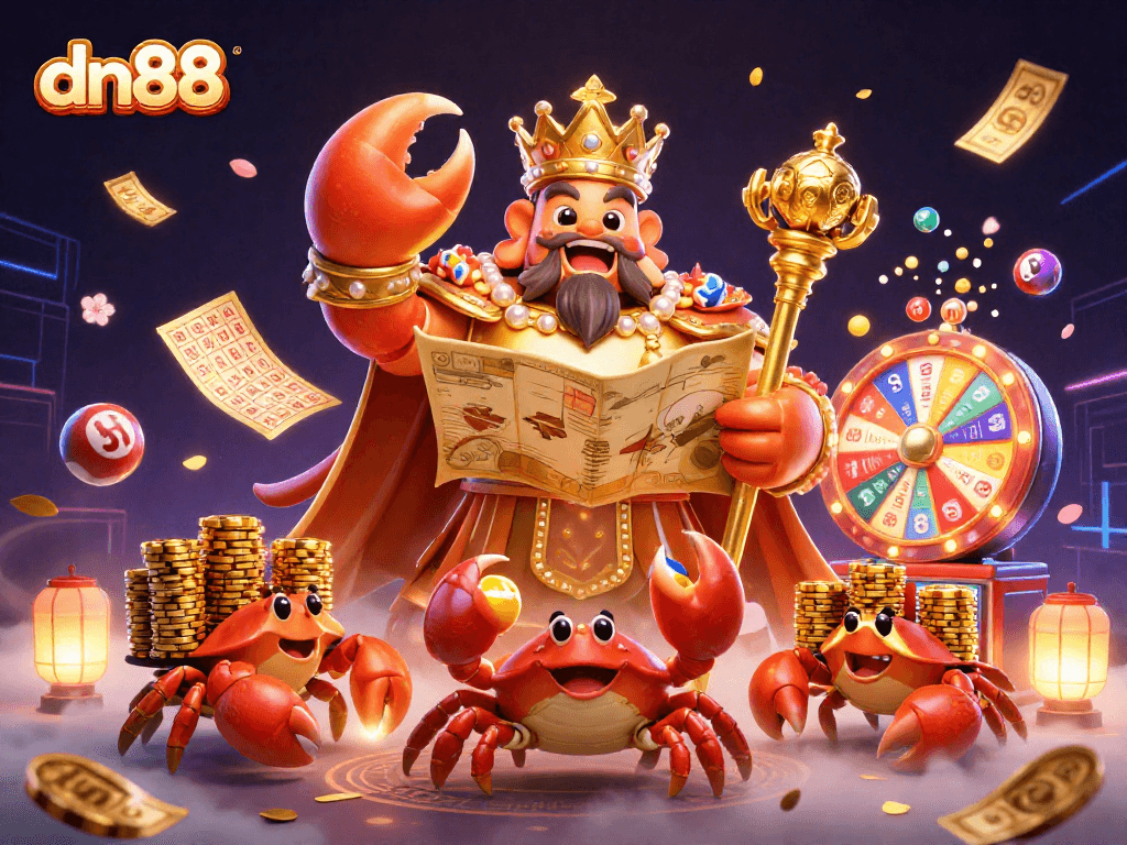 Join the excitement at dn88 with colorful lottery elements and a majestic crab emperor!