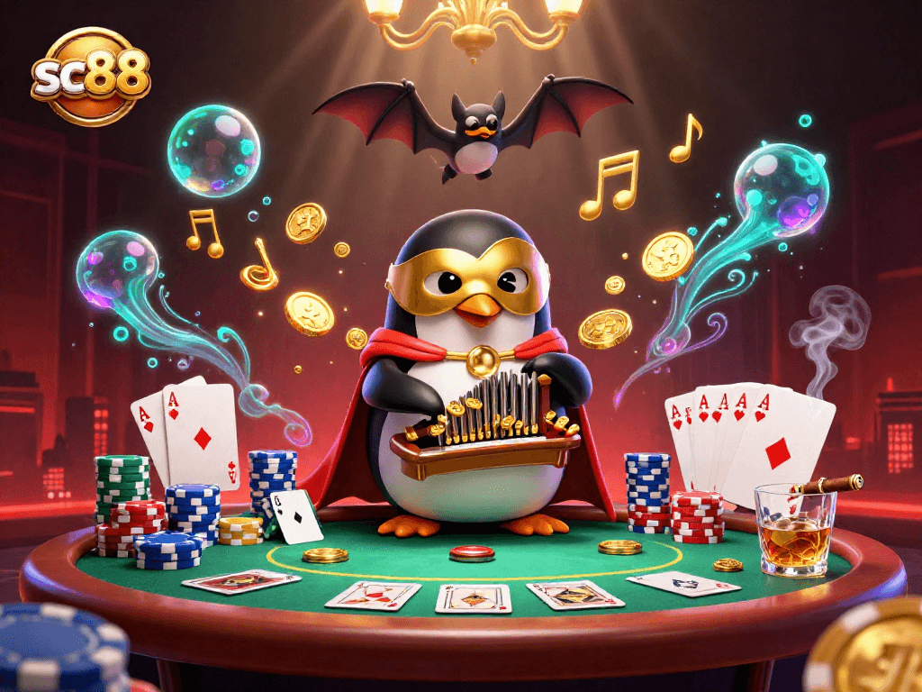 sc88 features a lively casino scene with a phantom opera penguin playing an organ amidst dynamic gaming elements.