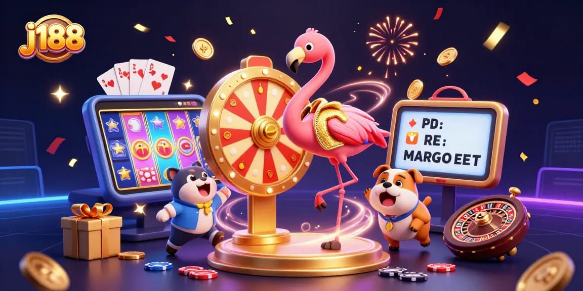 Experience thrilling gaming adventures with j188, featuring a lively scene of casino excitement and vibrant colors.