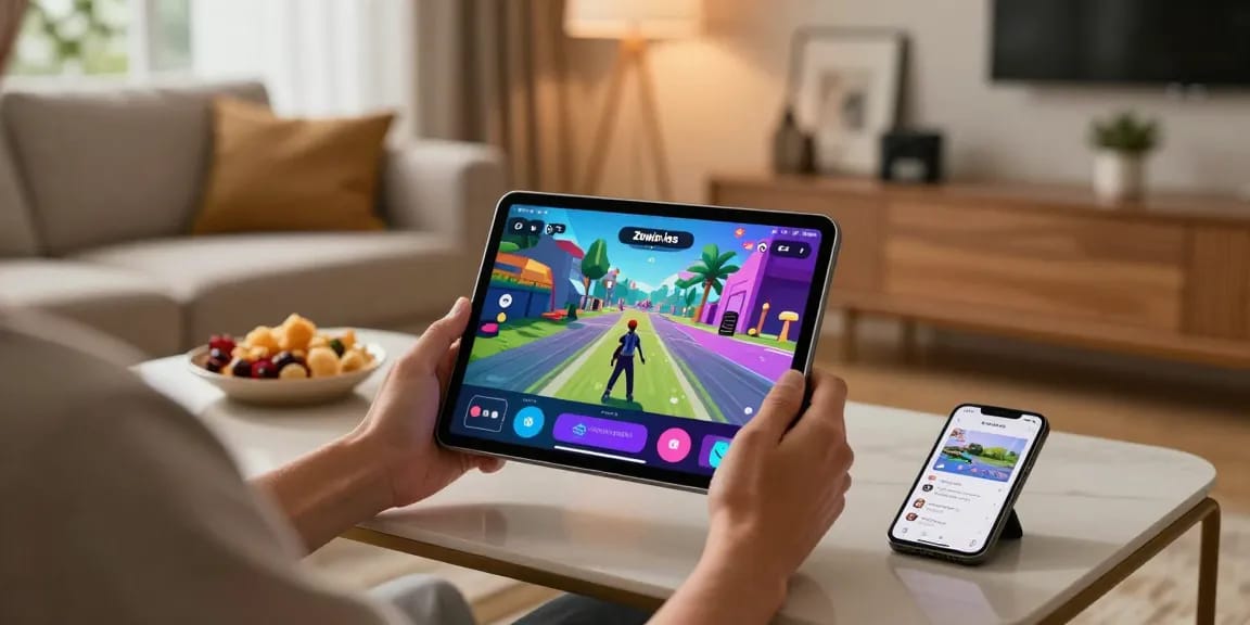 Engaging user playing Zowin ios app on a sleek tablet in a cozy living room with vibrant gaming graphics.