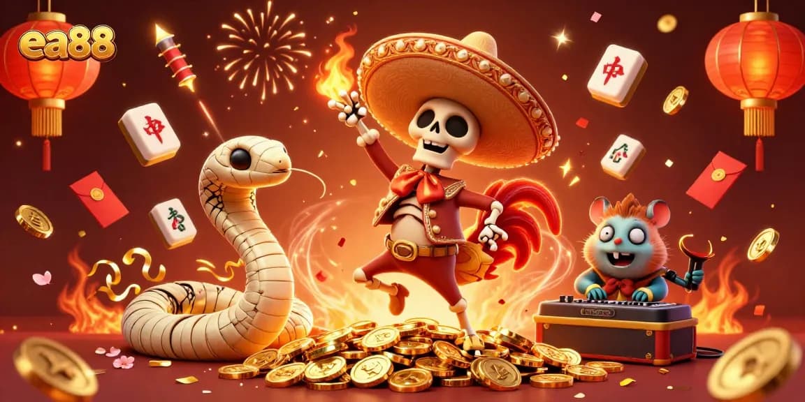Experience the excitement of ea88 with a vibrant casino scene featuring a dancing mariachi rooster and more.