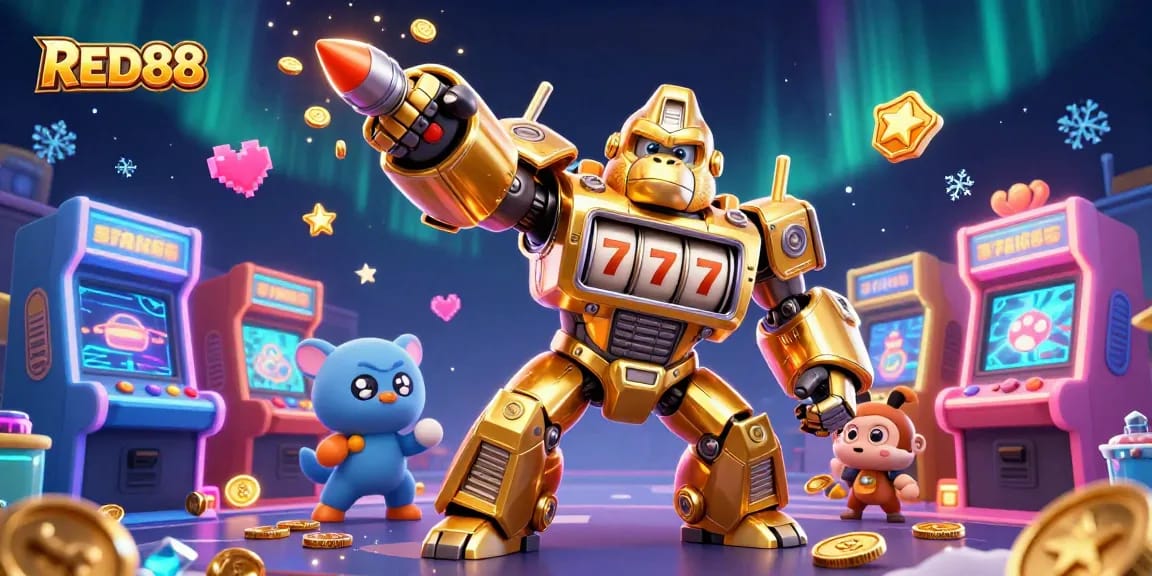 Experience thrilling gameplay and winning moments at RED88 casino with a dynamic illustration featuring a golden gorilla mech.