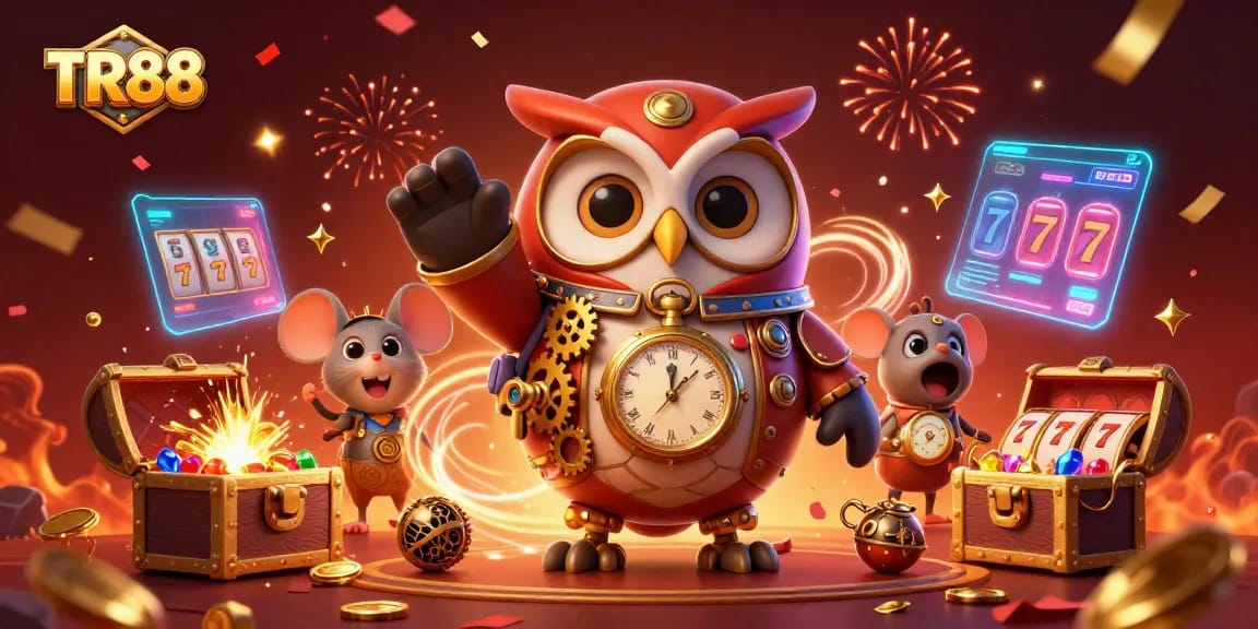 Experience thrill at TR88 with a vibrant 3D illustration showcasing steampunk characters and dynamic casino elements.