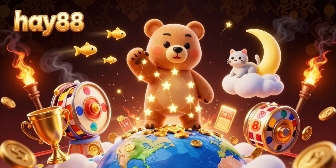 Experience vibrant slots action with hay88, featuring a constellation bear and dynamic casino elements.
