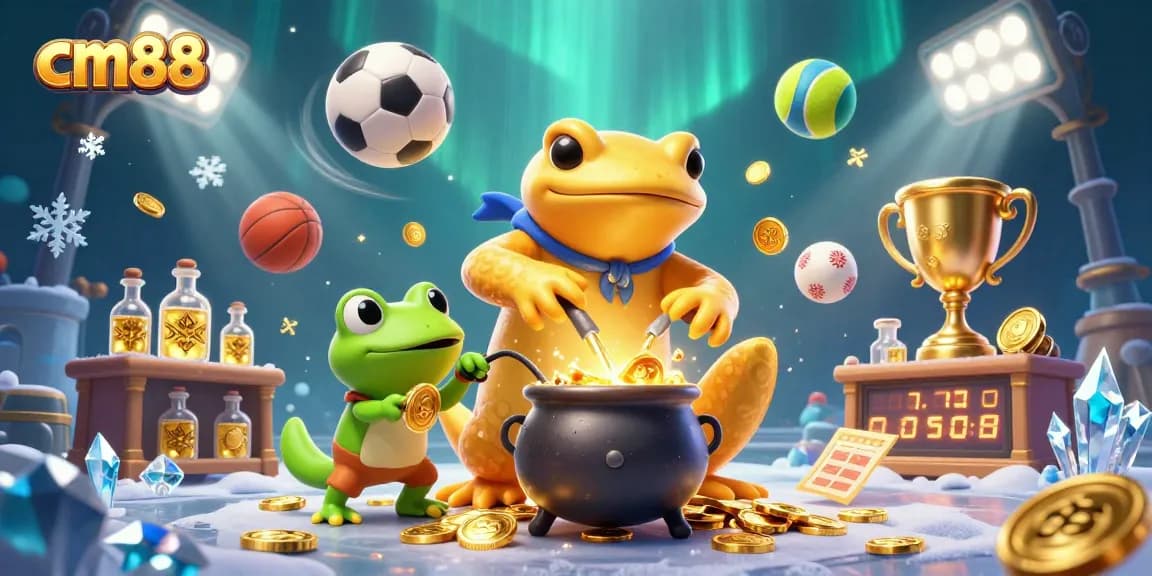Experience cm88's magical transformation with golden coins and lively sports elements in a stunning scene.