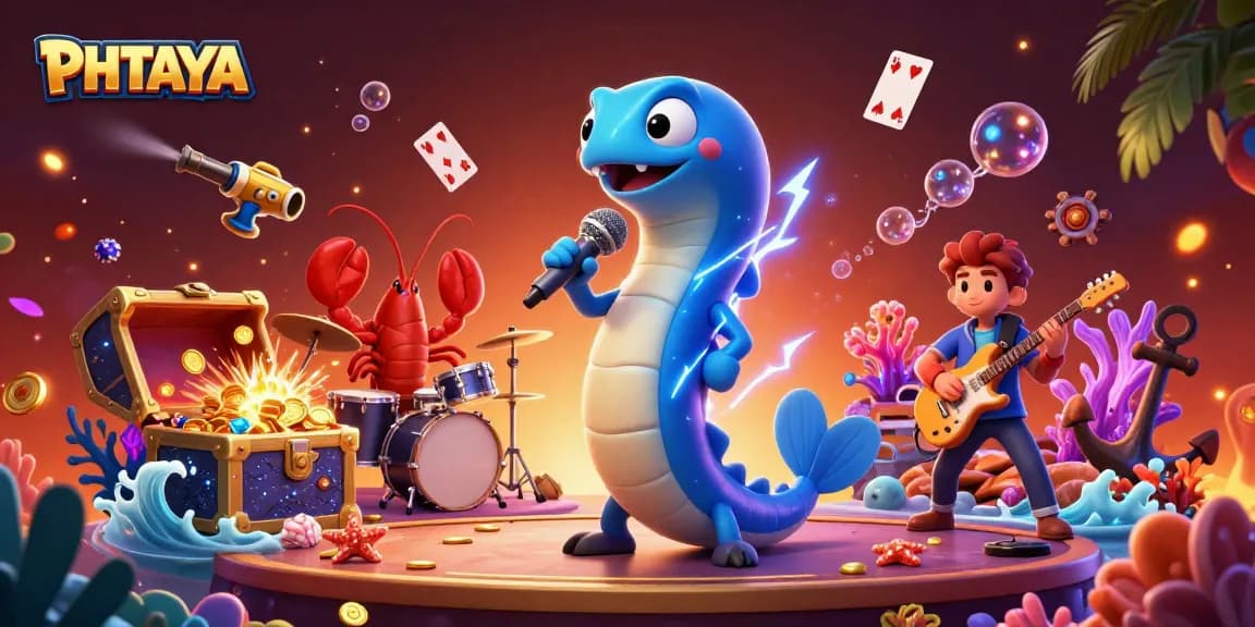 PHTAYA's vibrant online casino atmosphere shows players enjoying underwater games with gold coins and exciting characters.