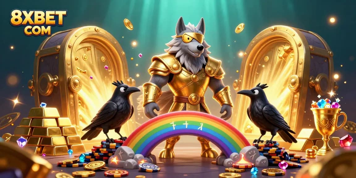 Bettors enjoy vibrant 8XBET COM gaming with Odin and his ravens before a treasure-rich casino scene.