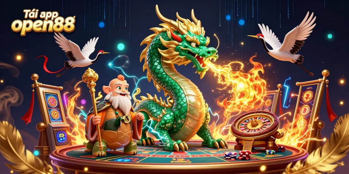 Engage with thrilling gameplay in Tải app open88, featuring a jade dragon and lucky cranes