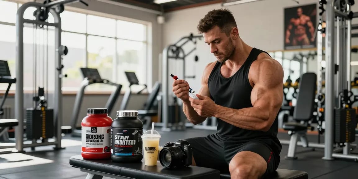 Utinon Steroids Shop - Athlet bei der Anwendung von Steroiden in einem modernen Fitnessstudio mit Sportnahrung.