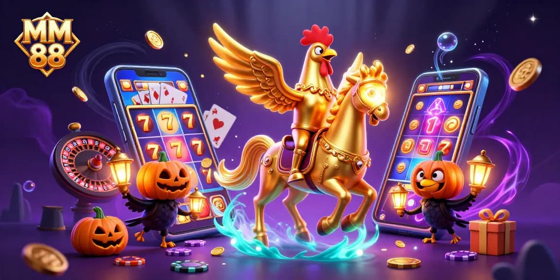 Experience immersive gambling with MM 88: golden rooster headless horseman in a vibrant casino scene.